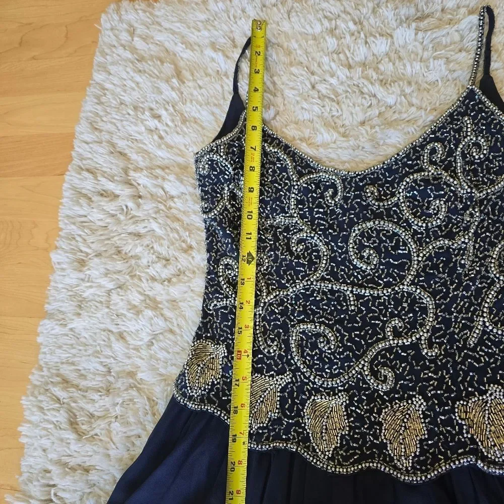 BLACK TIE OLEG CASSINI Elegant Navy Blue Beaded Dress 100% Silk Size 6 Glam Prom